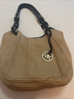 Michael Kors Tan Woven Shoulder Bag with Black Chain-Accent Handles